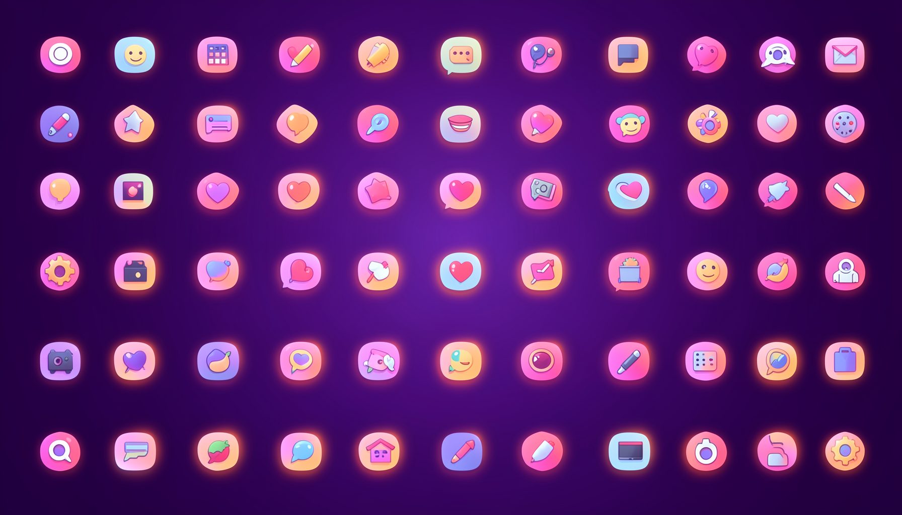 A grid of seventy flat social media icon glyphs arranged in neat rows on a deep purple gradient background, with soft pink and coral highlights, giving a modern tech-forward look