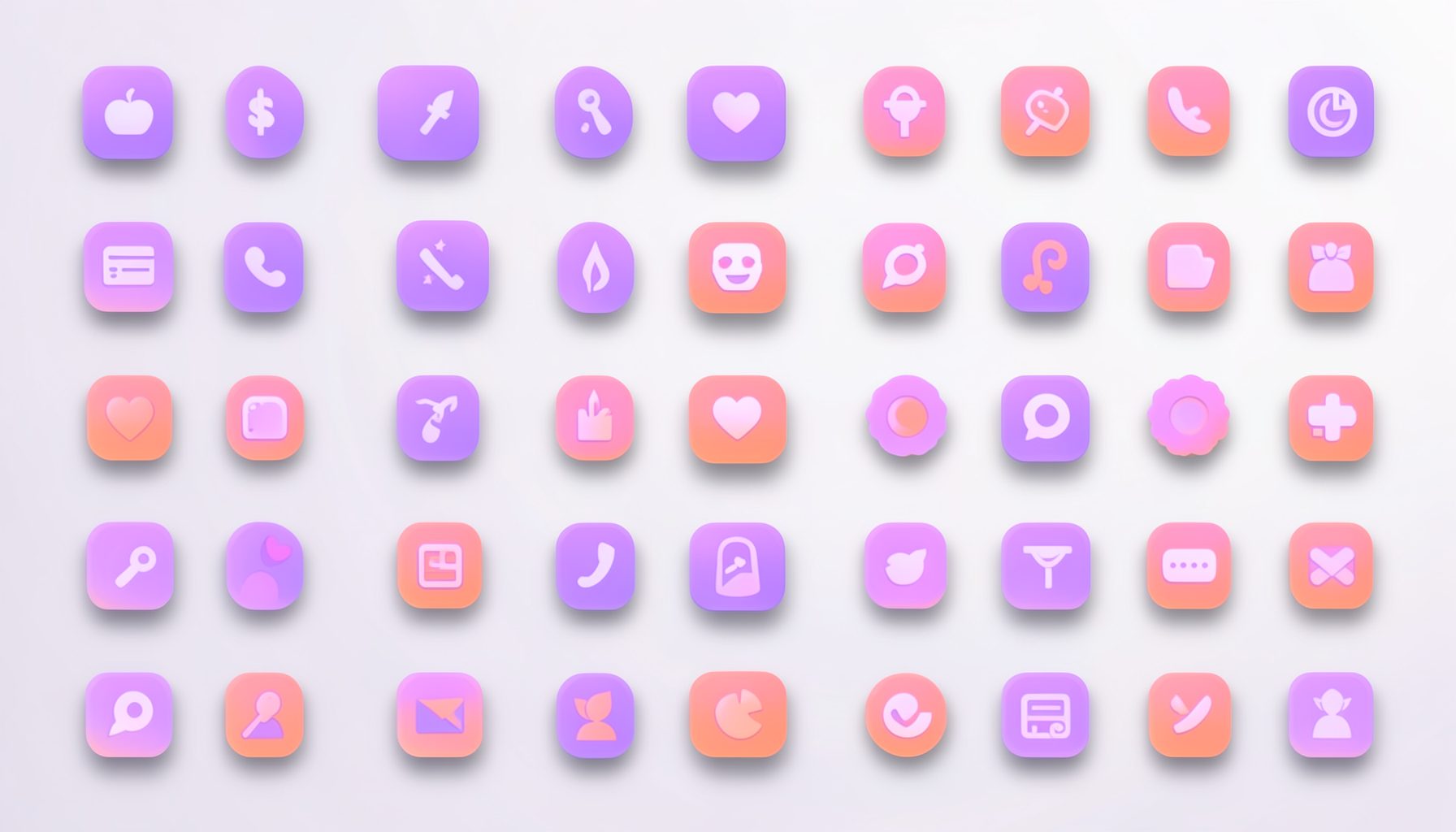 A grid of flat social media icons in soft purple and coral tones, arranged neatly on a light gradient background